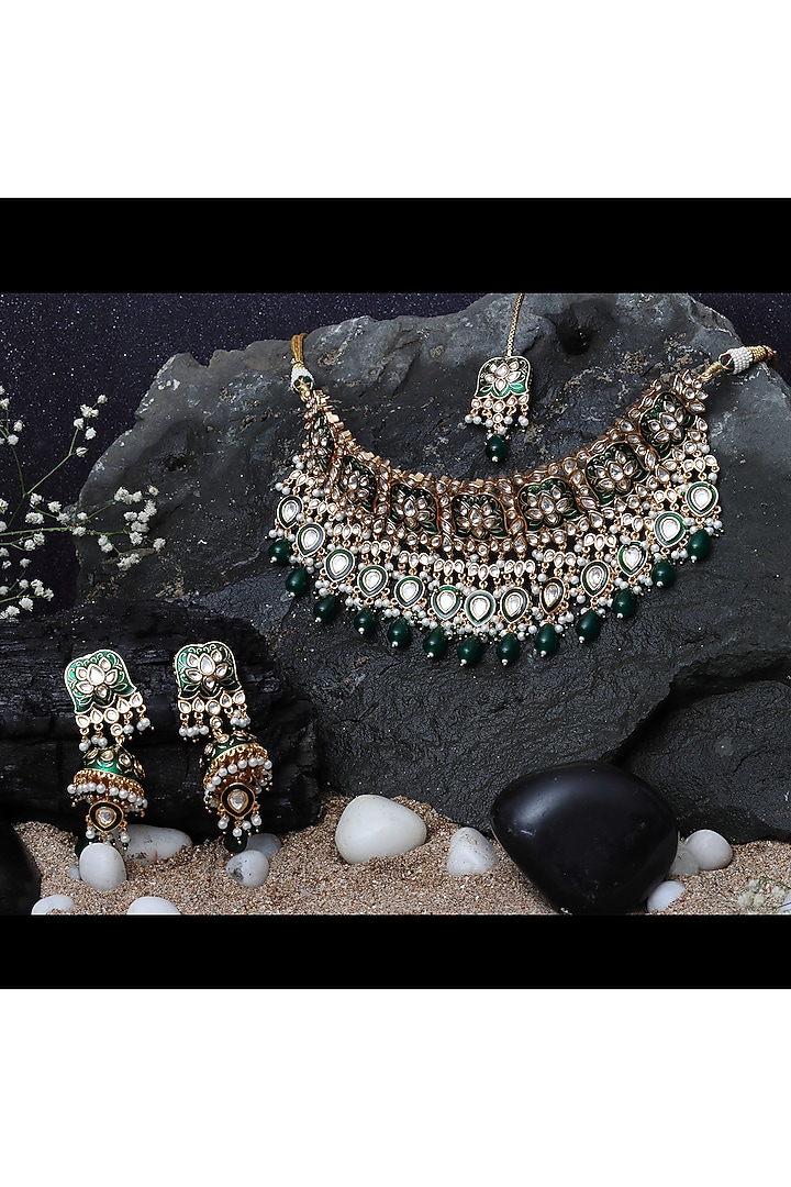 Gold Finish Kundan Green Meenakari Choker Necklace Set by Akulya Jewels at Pernia's Pop Up Shop