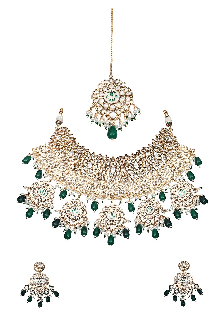 Gold Finish Emerald Green Kundan Meenakari Choker Necklace Set by Akulya Jewels at Pernia's Pop Up Shop