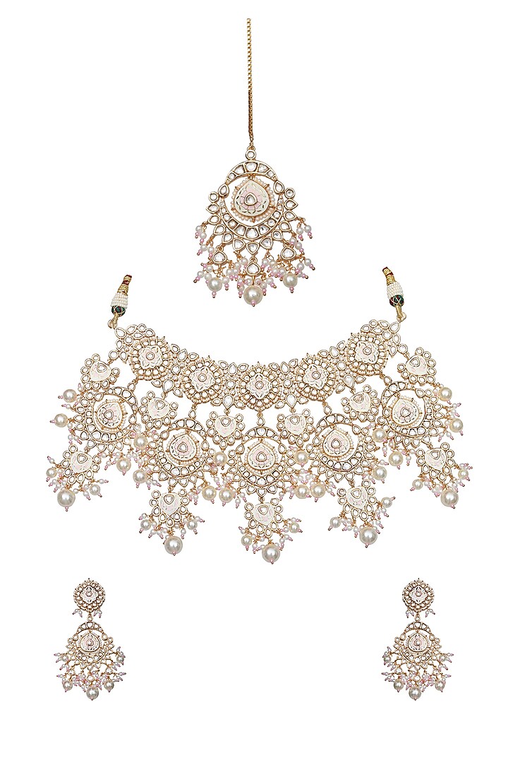 Gold Finish Kundan Ivory Meenakari Choker Necklace Set by Akulya Jewels at Pernia's Pop Up Shop