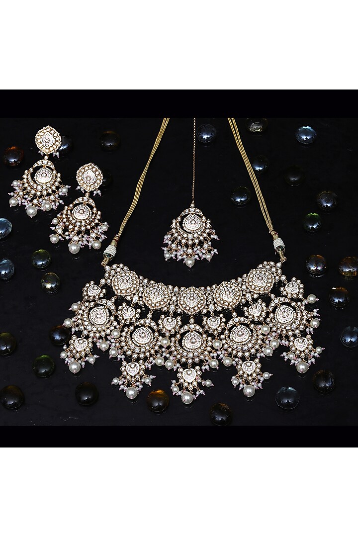 Gold Finish Kundan Ivory Meenakari Choker Necklace Set by Akulya Jewels at Pernia's Pop Up Shop