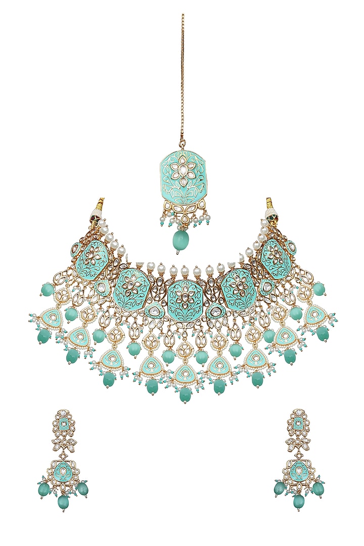 Gold Finish Mint Kundan Meenakari Choker Necklace Set by Akulya Jewels at Pernia's Pop Up Shop