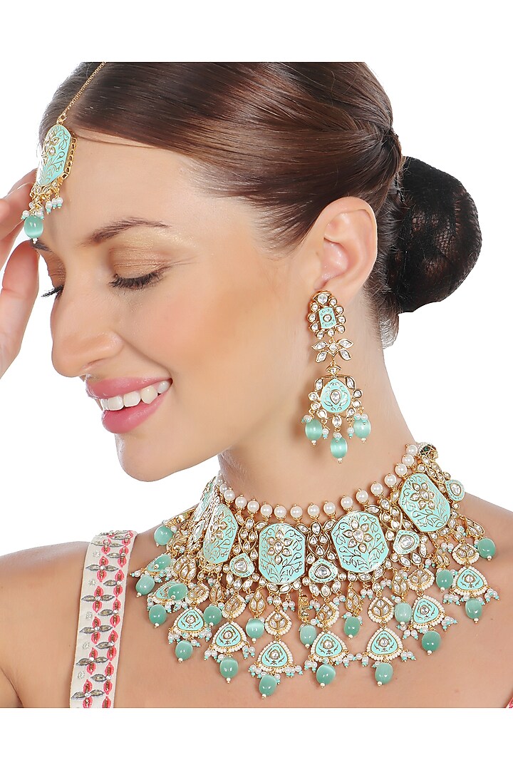Gold Finish Mint Kundan Meenakari Choker Necklace Set by Akulya Jewels at Pernia's Pop Up Shop