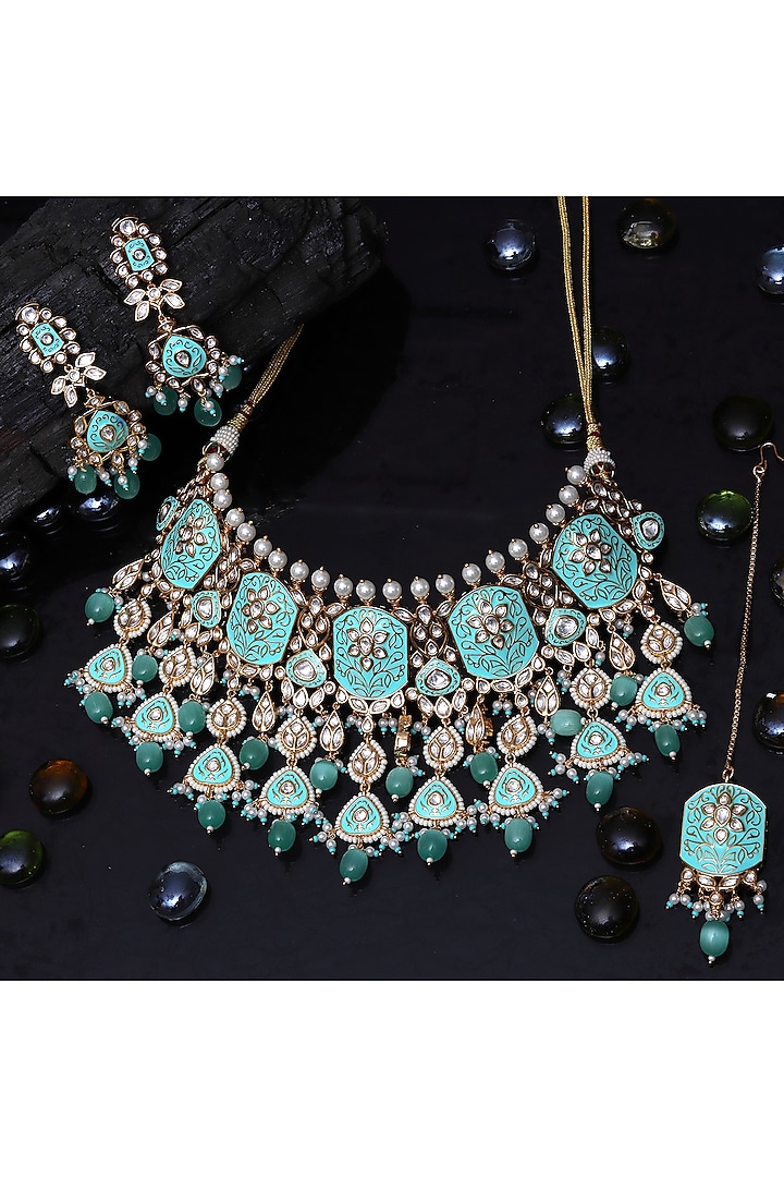 Gold Finish Mint Kundan Meenakari Choker Necklace Set by Akulya Jewels at Pernia's Pop Up Shop