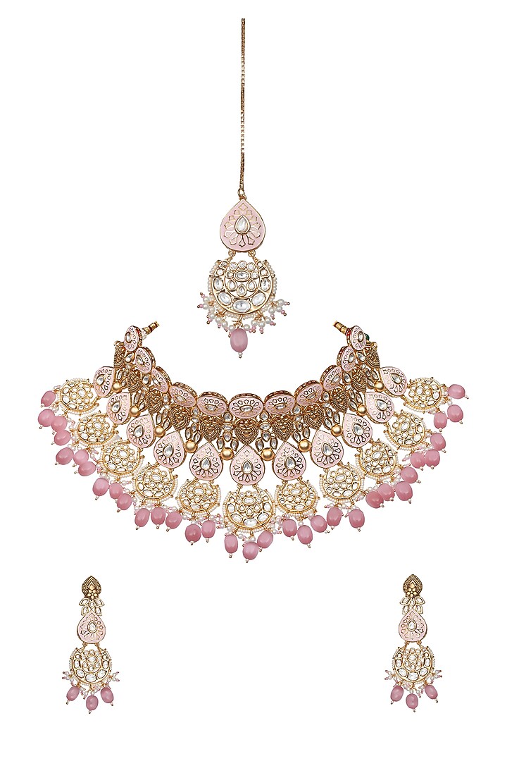 Gold Finish Kundan Blush Pink Meenakari Choker Necklace Set by Akulya Jewels at Pernia's Pop Up Shop