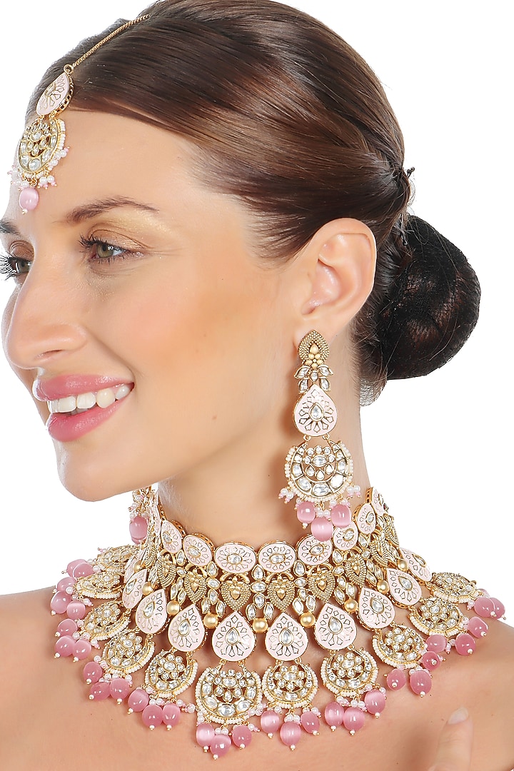 Gold Finish Kundan Blush Pink Meenakari Choker Necklace Set by Akulya Jewels at Pernia's Pop Up Shop