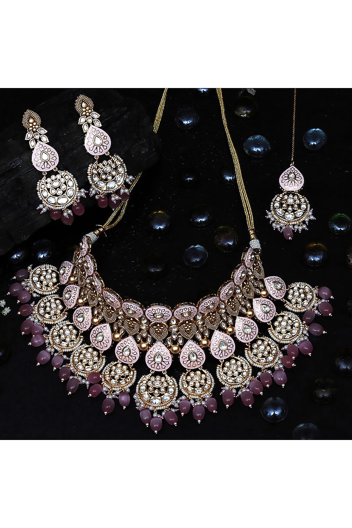 Gold Finish Kundan Blush Pink Meenakari Choker Necklace Set by Akulya Jewels at Pernia's Pop Up Shop