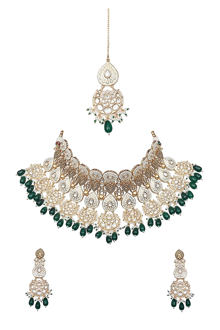 Gold Finish Kundan Green & White Meenakari Choker Necklace Set by Akulya Jewels at Pernia's Pop Up Shop