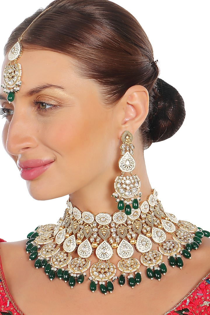 Gold Finish Kundan Green & White Meenakari Choker Necklace Set by Akulya Jewels at Pernia's Pop Up Shop