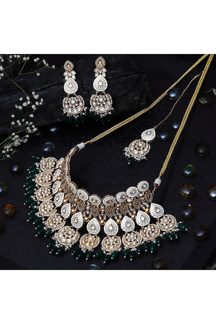 Gold Finish Kundan Green & White Meenakari Choker Necklace Set by Akulya Jewels at Pernia's Pop Up Shop