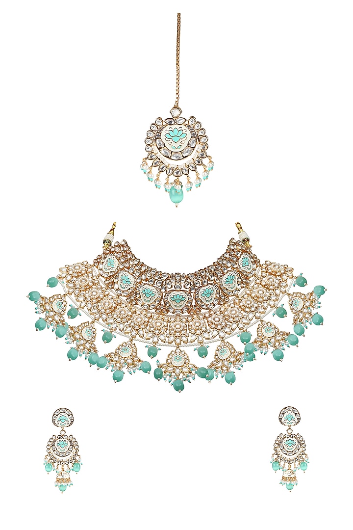 Gold Finish Mint Green Kundan Meenakari Choker Necklace Set by Akulya Jewels at Pernia's Pop Up Shop