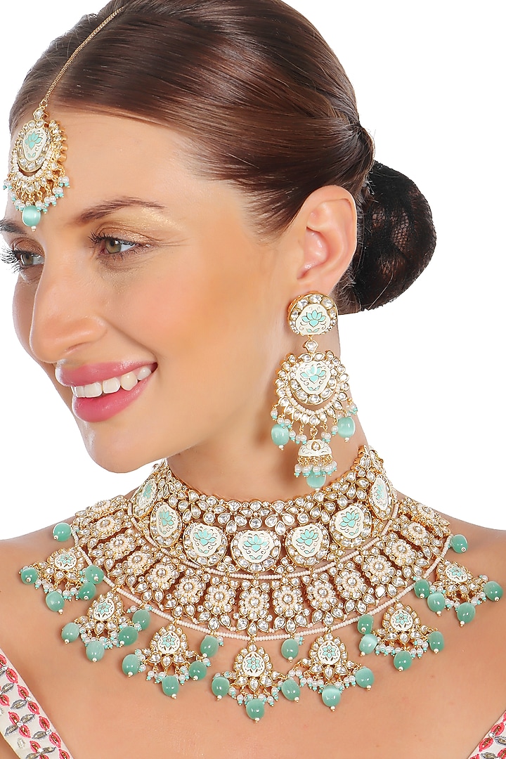 Gold Finish Mint Green Kundan Meenakari Choker Necklace Set by Akulya Jewels at Pernia's Pop Up Shop