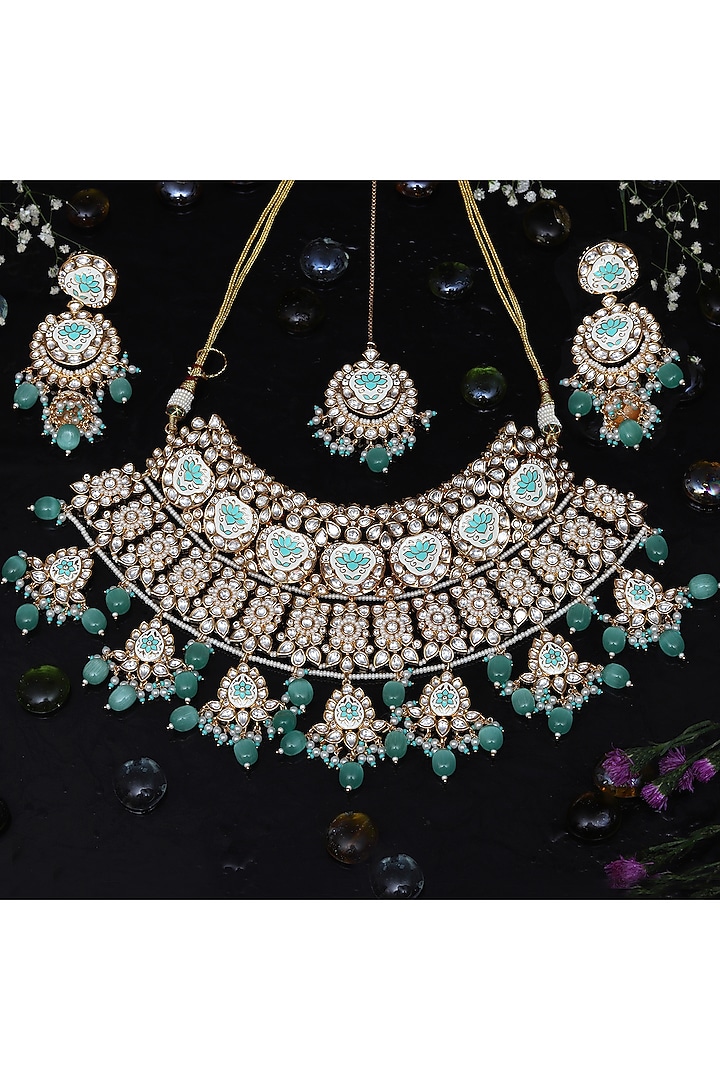 Gold Finish Mint Green Kundan Meenakari Choker Necklace Set by Akulya Jewels at Pernia's Pop Up Shop