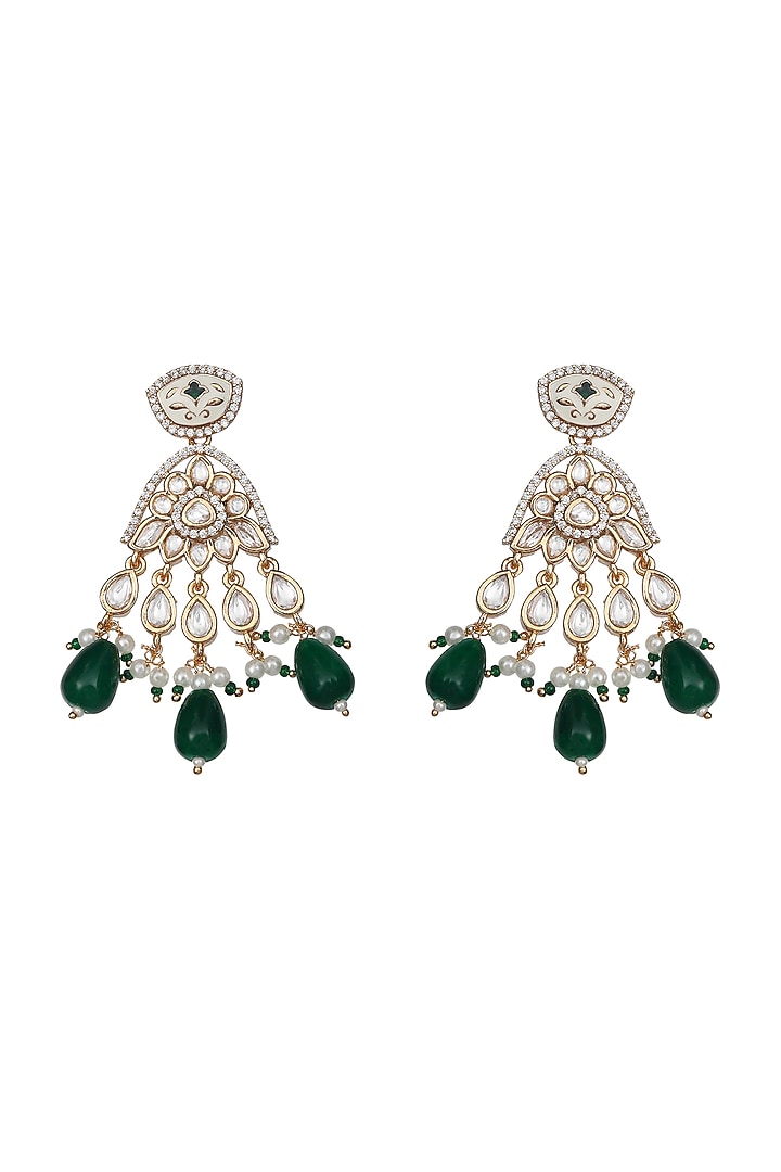 Gold Finish Emerald Green Kundan & Bead Meenakari Dangler Earrings by Akulya Jewels at Pernia's Pop Up Shop