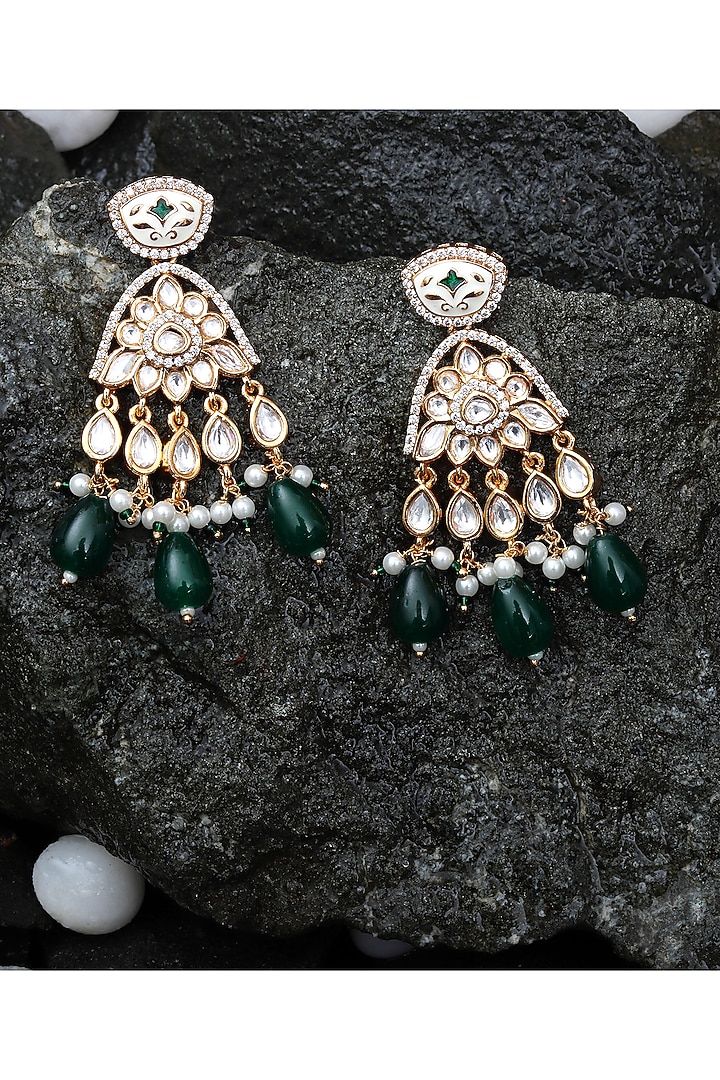 Gold Finish Emerald Green Kundan & Bead Meenakari Dangler Earrings by Akulya Jewels at Pernia's Pop Up Shop