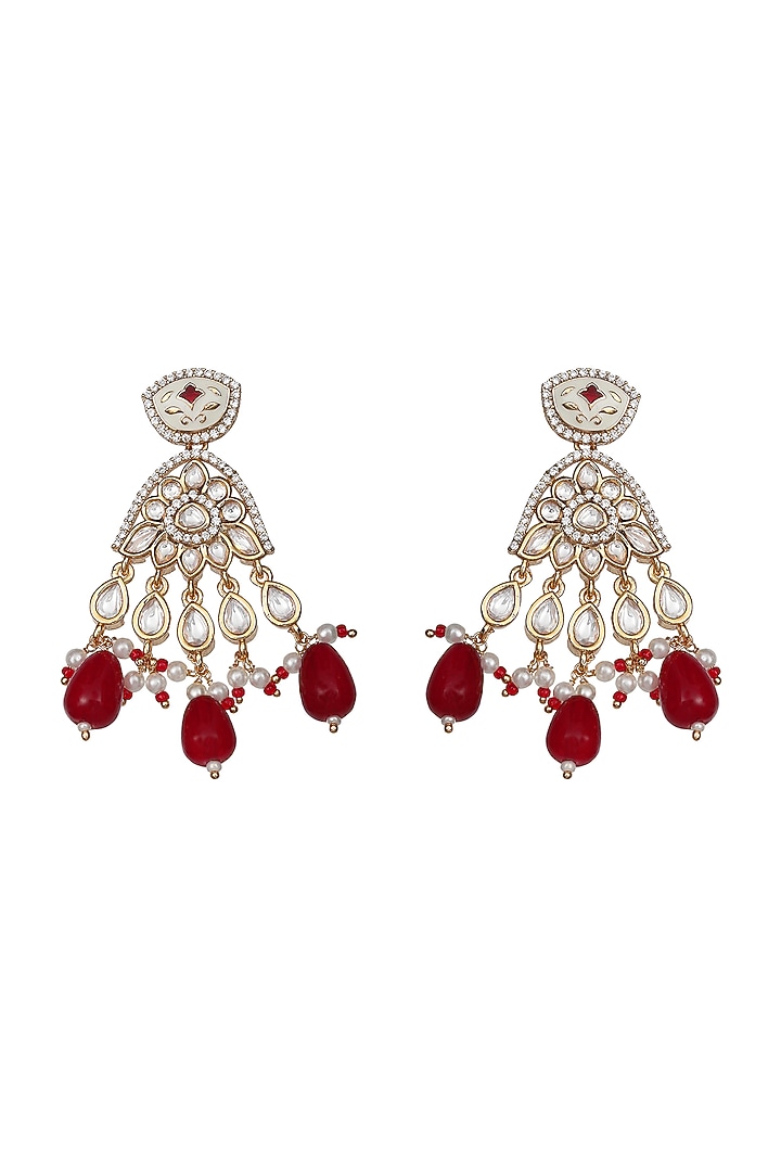 Gold Finish Red Faux Diamond & Bead Meenakari Dangler Earrings by Akulya Jewels at Pernia's Pop Up Shop