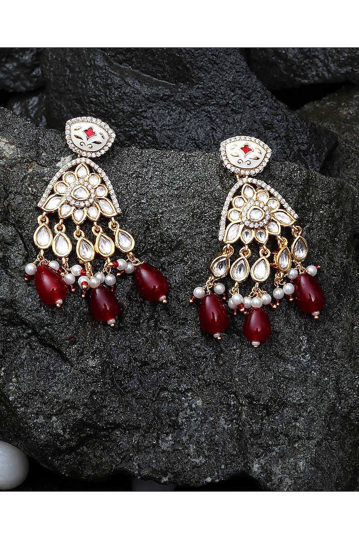 Gold Finish Red Faux Diamond & Bead Meenakari Dangler Earrings by Akulya Jewels at Pernia's Pop Up Shop