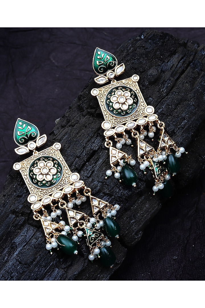Gold Finish Kundan Polki & Pearl Beaded Meenakari Dangler Earrings by Akulya Jewels at Pernia's Pop Up Shop