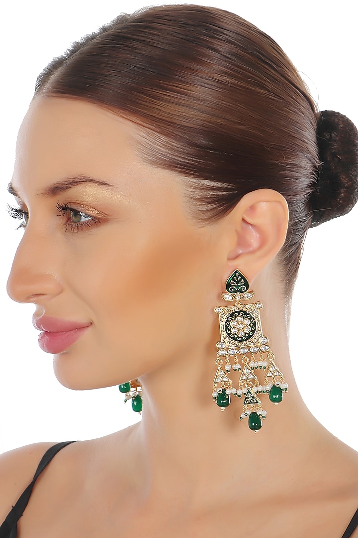 Gold Finish Kundan Polki & Pearl Beaded Meenakari Dangler Earrings by Akulya Jewels at Pernia's Pop Up Shop