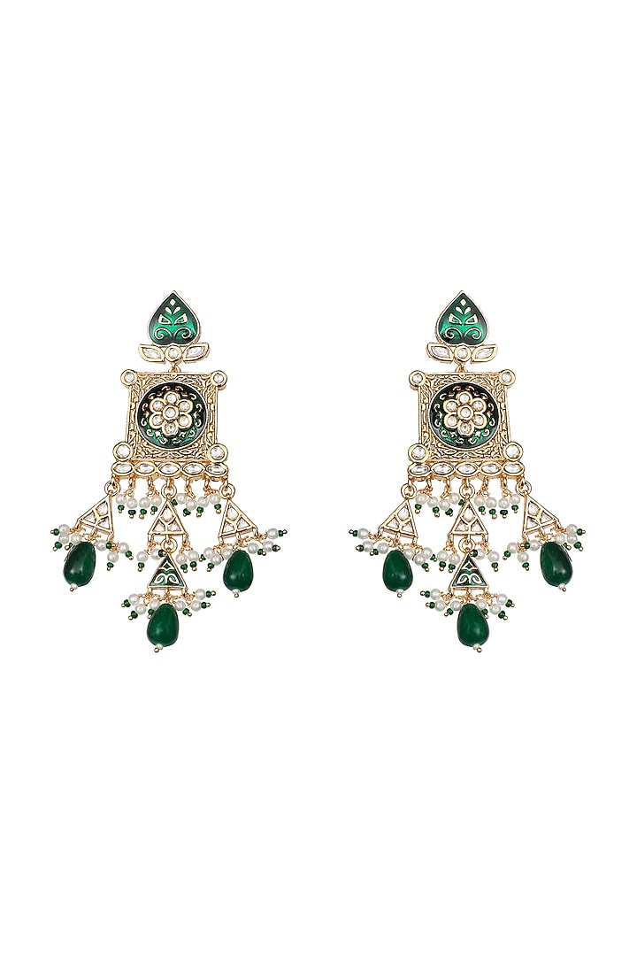 Gold Finish Kundan Polki & Pearl Beaded Meenakari Dangler Earrings by Akulya Jewels at Pernia's Pop Up Shop