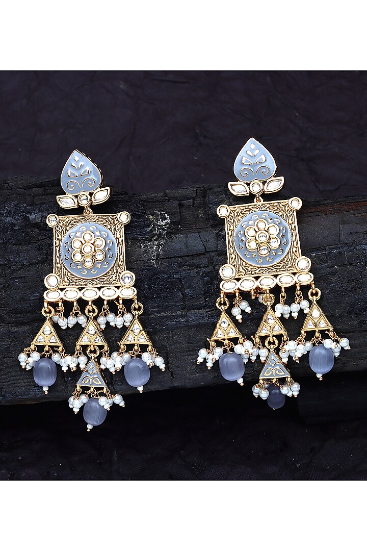 Gold Finish Kundan Polki & Beaded Meenakari Dangler Earrings by Akulya Jewels at Pernia's Pop Up Shop