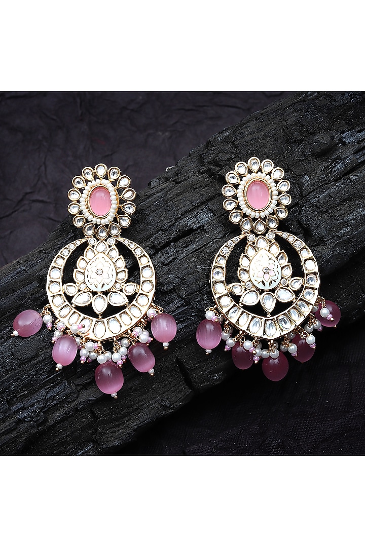 Gold Finish Kundan Polki & Beaded Meenakari Chandbaali Earrings by Akulya Jewels at Pernia's Pop Up Shop