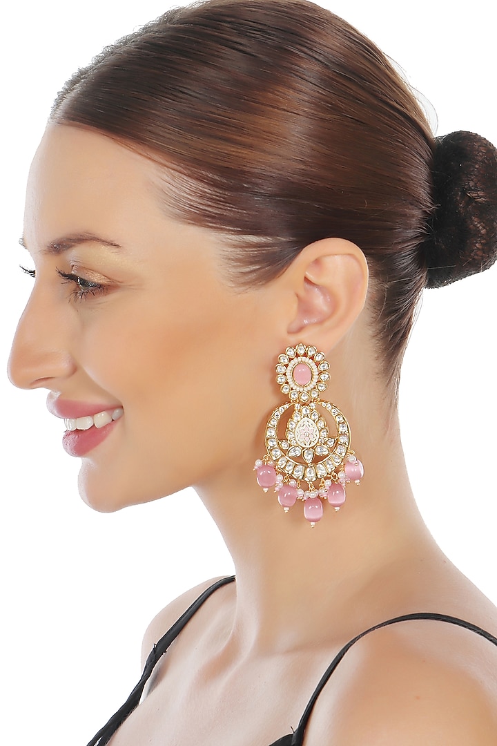 Gold Finish Kundan Polki & Beaded Meenakari Chandbaali Earrings by Akulya Jewels at Pernia's Pop Up Shop
