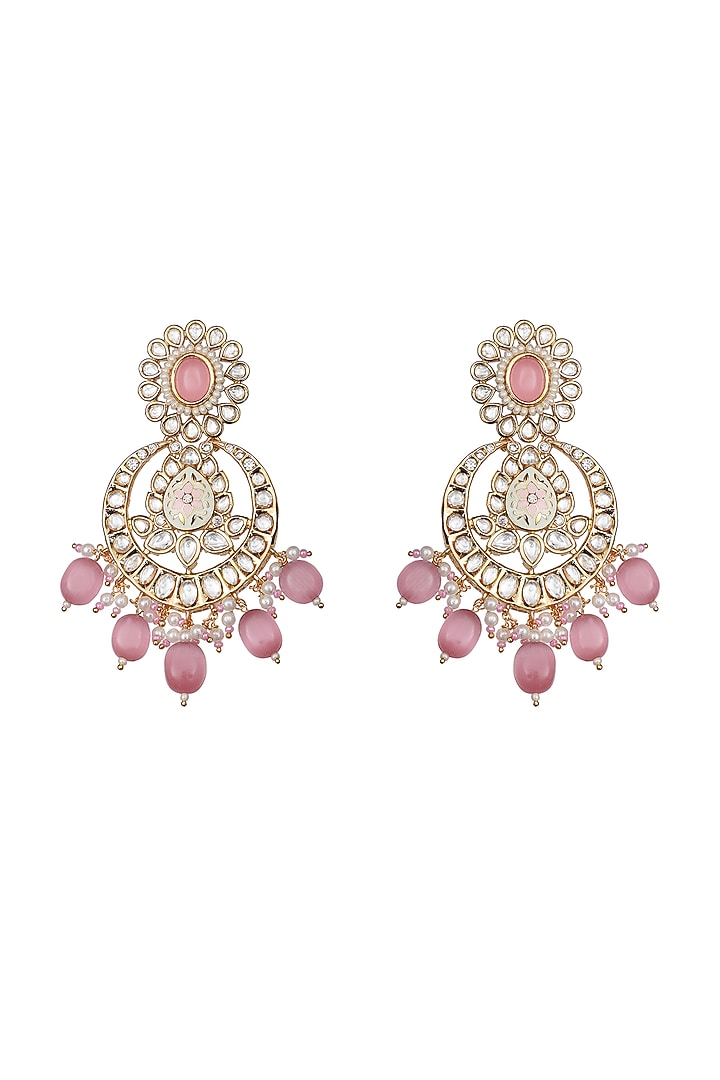 Gold Finish Kundan Polki & Beaded Meenakari Chandbaali Earrings by Akulya Jewels at Pernia's Pop Up Shop