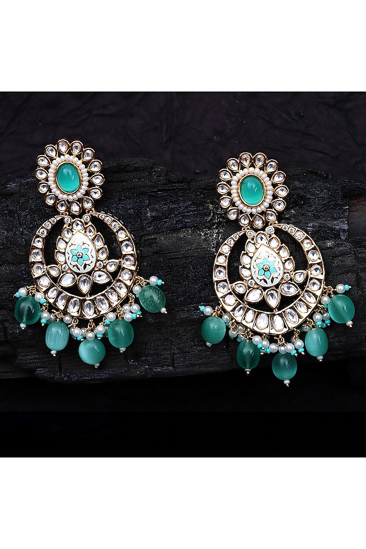 Gold Finish Kundan Polki & Beaded Meenakari Chandbaali Earrings by Akulya Jewels at Pernia's Pop Up Shop