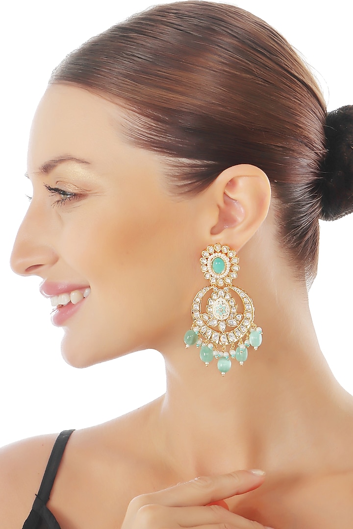Gold Finish Kundan Polki & Beaded Meenakari Chandbaali Earrings by Akulya Jewels at Pernia's Pop Up Shop
