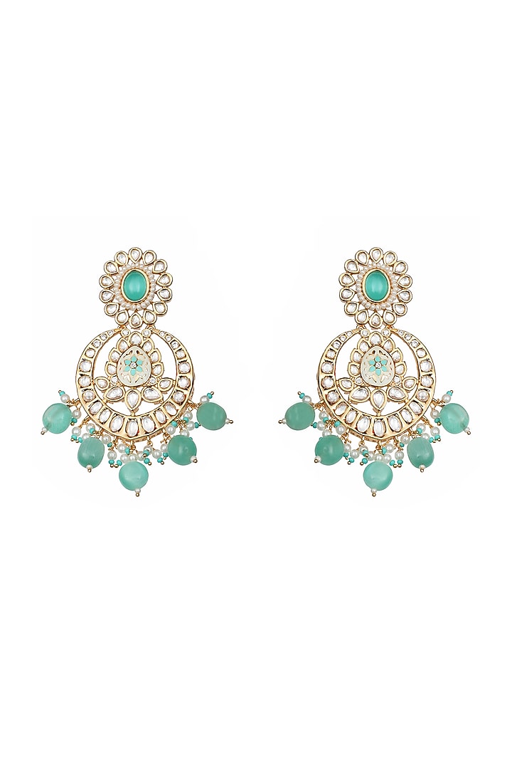 Gold Finish Kundan Polki & Beaded Meenakari Chandbaali Earrings by Akulya Jewels at Pernia's Pop Up Shop