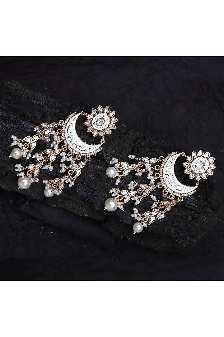 Gold Finish Kundan Polki & Beaded Meenakari Chandbaali Earrings by Akulya Jewels at Pernia's Pop Up Shop