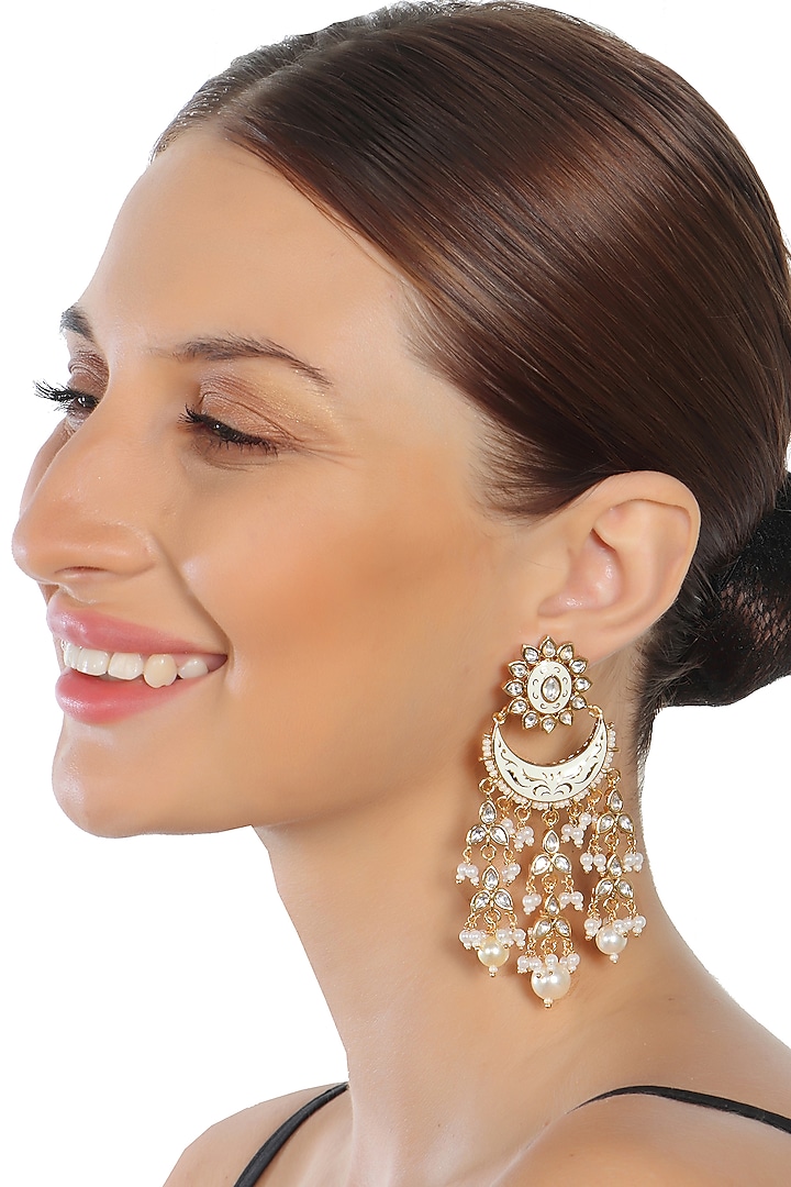 Gold Finish Kundan Polki & Beaded Meenakari Chandbaali Earrings by Akulya Jewels at Pernia's Pop Up Shop