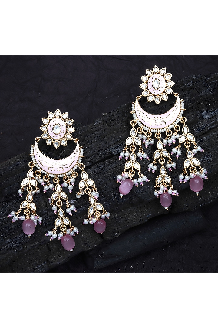 Gold Finish Kundan Polki & Beaded Meenakari Chandbaali Earrings by Akulya Jewels at Pernia's Pop Up Shop
