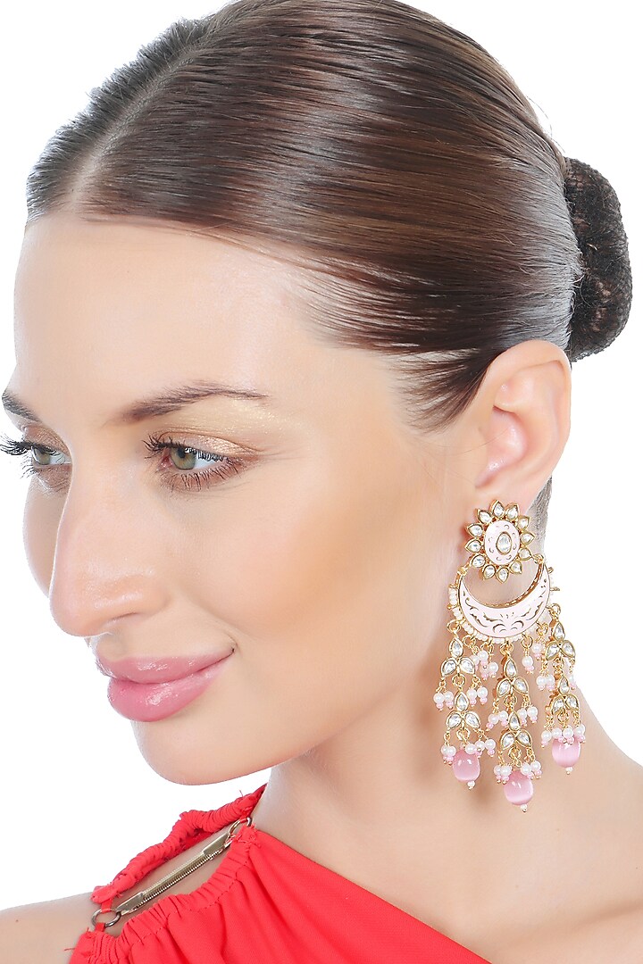 Gold Finish Kundan Polki & Beaded Meenakari Chandbaali Earrings by Akulya Jewels at Pernia's Pop Up Shop