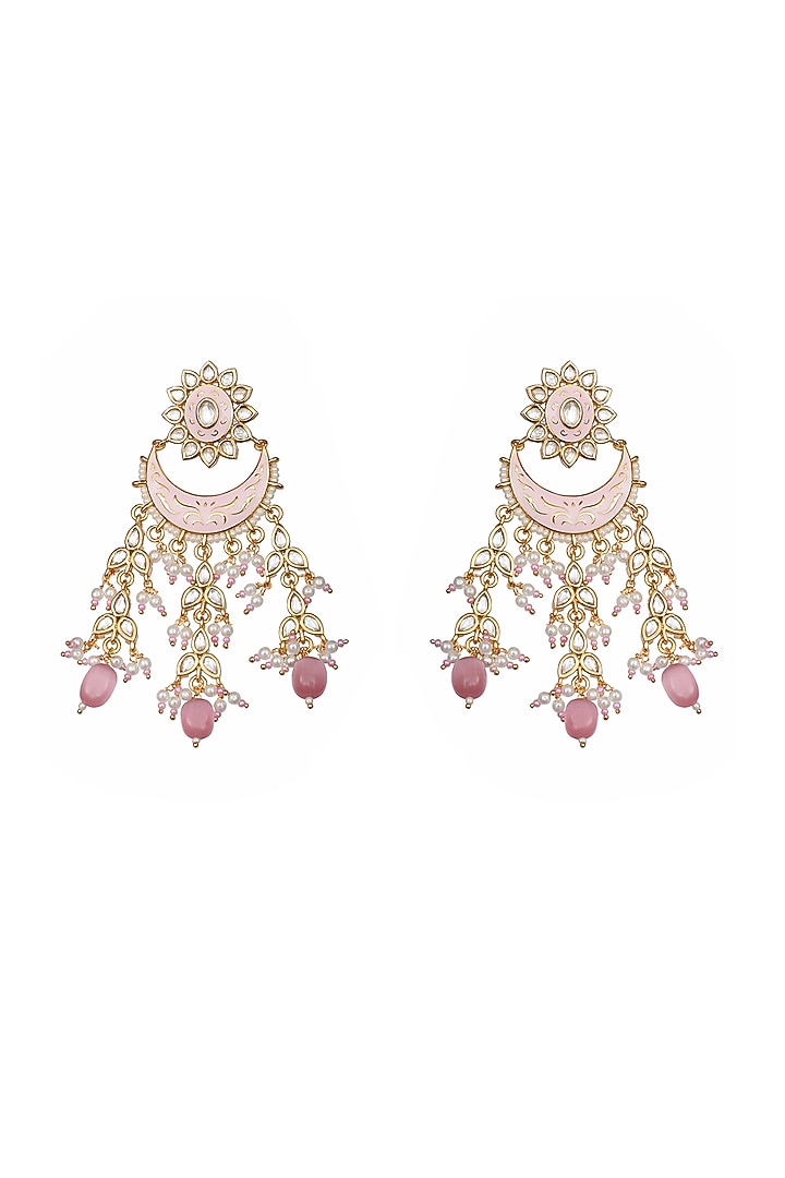 Gold Finish Kundan Polki & Beaded Meenakari Chandbaali Earrings by Akulya Jewels at Pernia's Pop Up Shop
