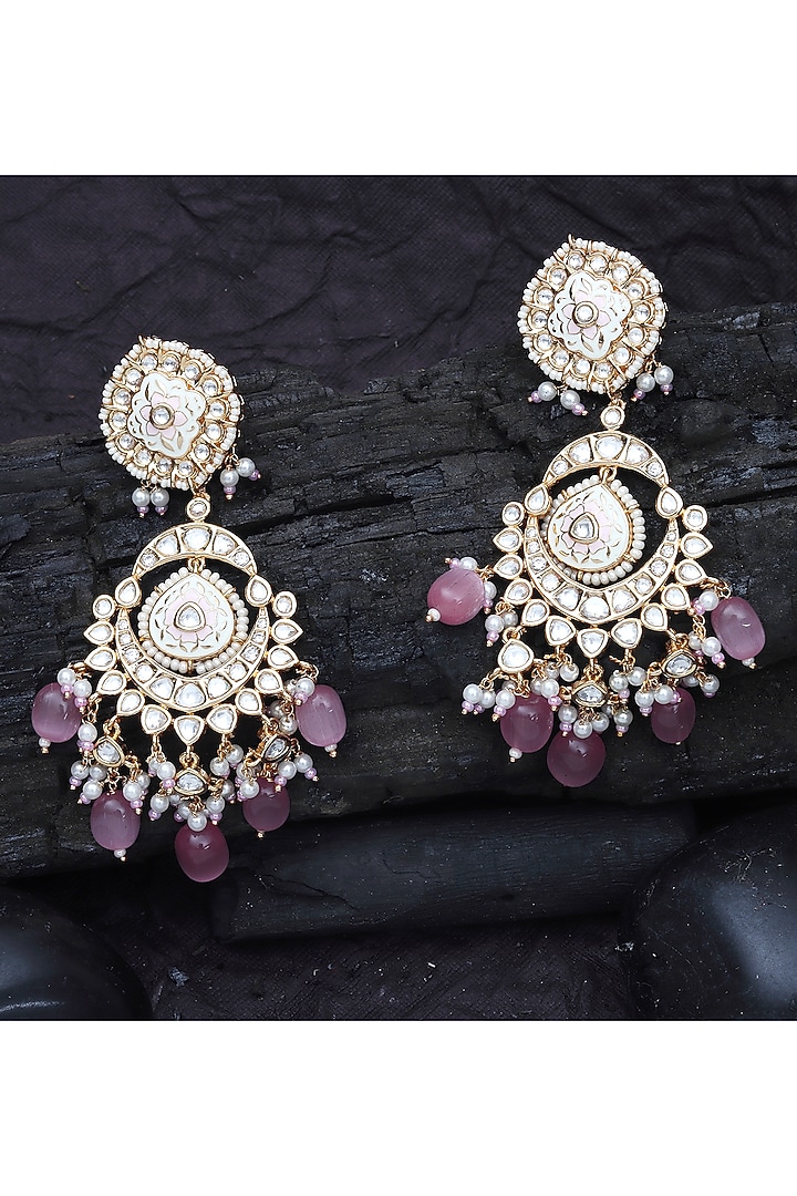 Gold Finish Kundan Polki & Beaded Meenakari Dangler Earrings by Akulya Jewels at Pernia's Pop Up Shop