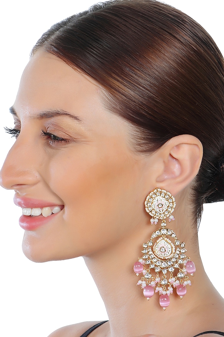 Gold Finish Kundan Polki & Beaded Meenakari Dangler Earrings by Akulya Jewels at Pernia's Pop Up Shop