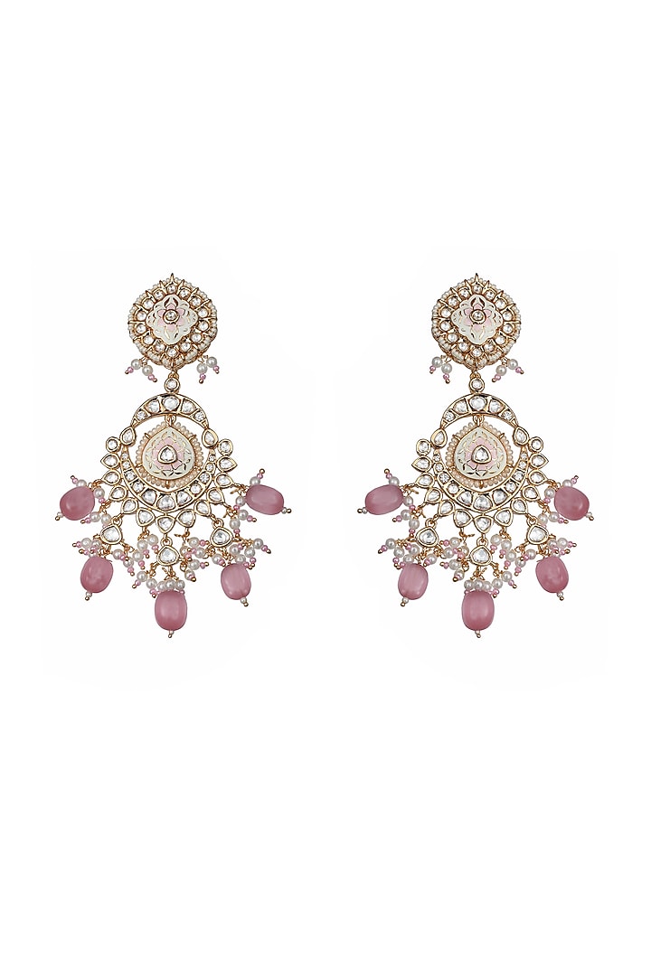 Gold Finish Kundan Polki & Beaded Meenakari Dangler Earrings by Akulya Jewels at Pernia's Pop Up Shop