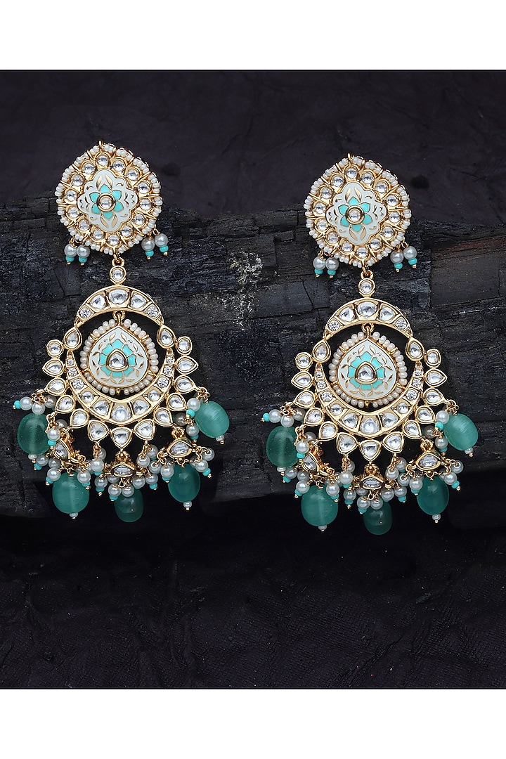 Gold Finish Kundan Polki & Beaded Meenakari Dangler Earrings by Akulya Jewels at Pernia's Pop Up Shop