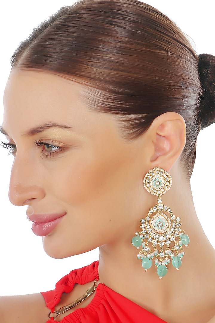 Gold Finish Kundan Polki & Beaded Meenakari Dangler Earrings by Akulya Jewels at Pernia's Pop Up Shop