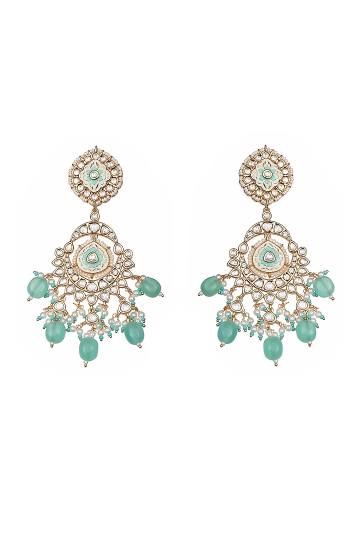 Gold Finish Kundan Polki & Beaded Meenakari Dangler Earrings by Akulya Jewels at Pernia's Pop Up Shop