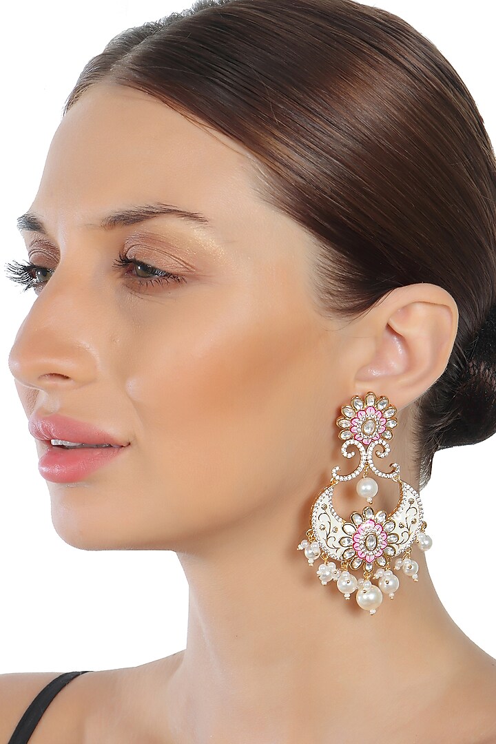 Gold Finish Kundan Polki & Diamond Meenakari Dangler Earrings by Akulya Jewels at Pernia's Pop Up Shop