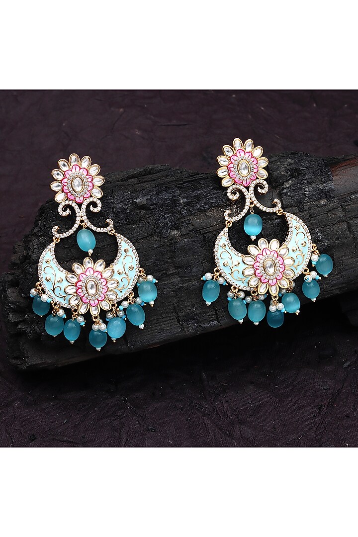Gold Finish Kundan Polki & Faux Diamond Meenakari Chandbaali Earrings by Akulya Jewels at Pernia's Pop Up Shop