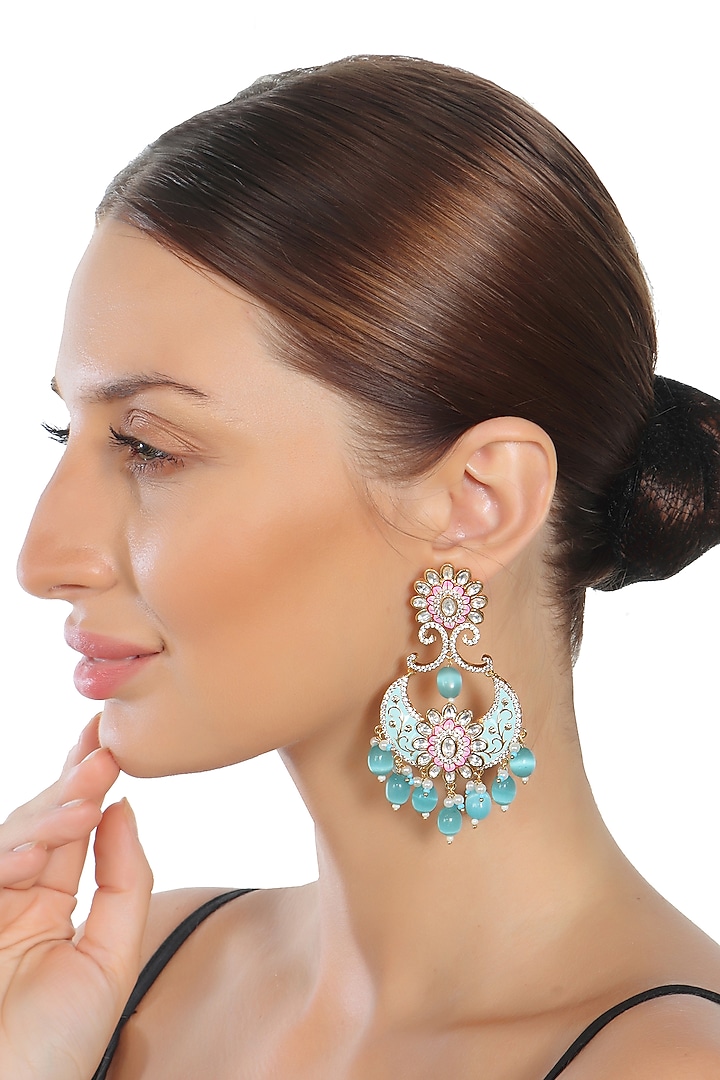 Gold Finish Kundan Polki & Faux Diamond Meenakari Chandbaali Earrings by Akulya Jewels at Pernia's Pop Up Shop