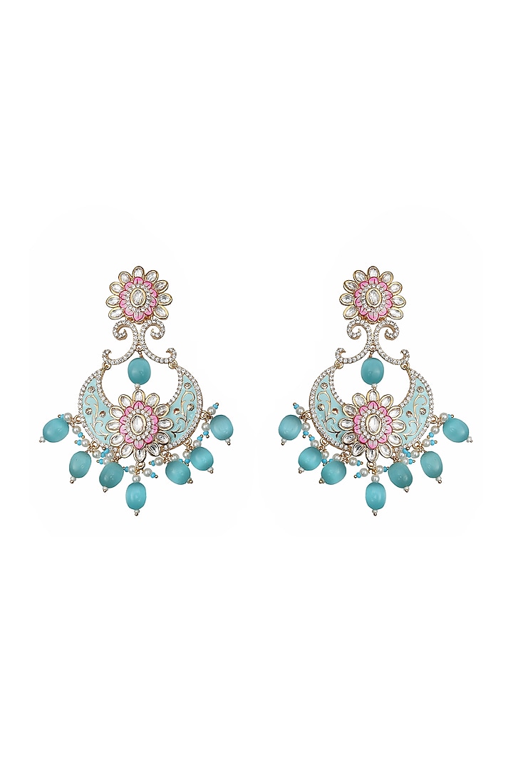 Gold Finish Kundan Polki & Faux Diamond Meenakari Chandbaali Earrings by Akulya Jewels at Pernia's Pop Up Shop