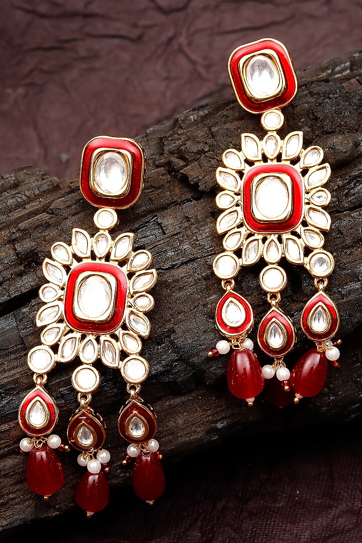 Gold Finish Kundan Polki & Beaded Meenakari Dangler Earrings by Akulya Jewels at Pernia's Pop Up Shop