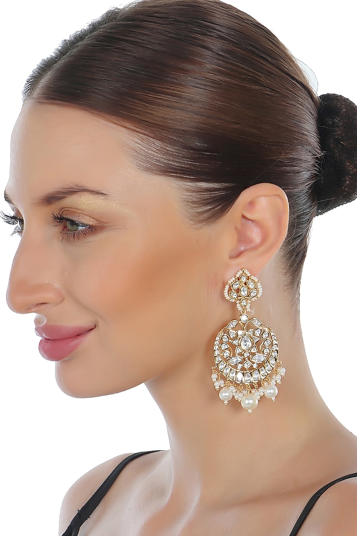 Gold Finish Kundan Polki & Pearl Meenakari Chandbaali Earrings by Akulya Jewels at Pernia's Pop Up Shop