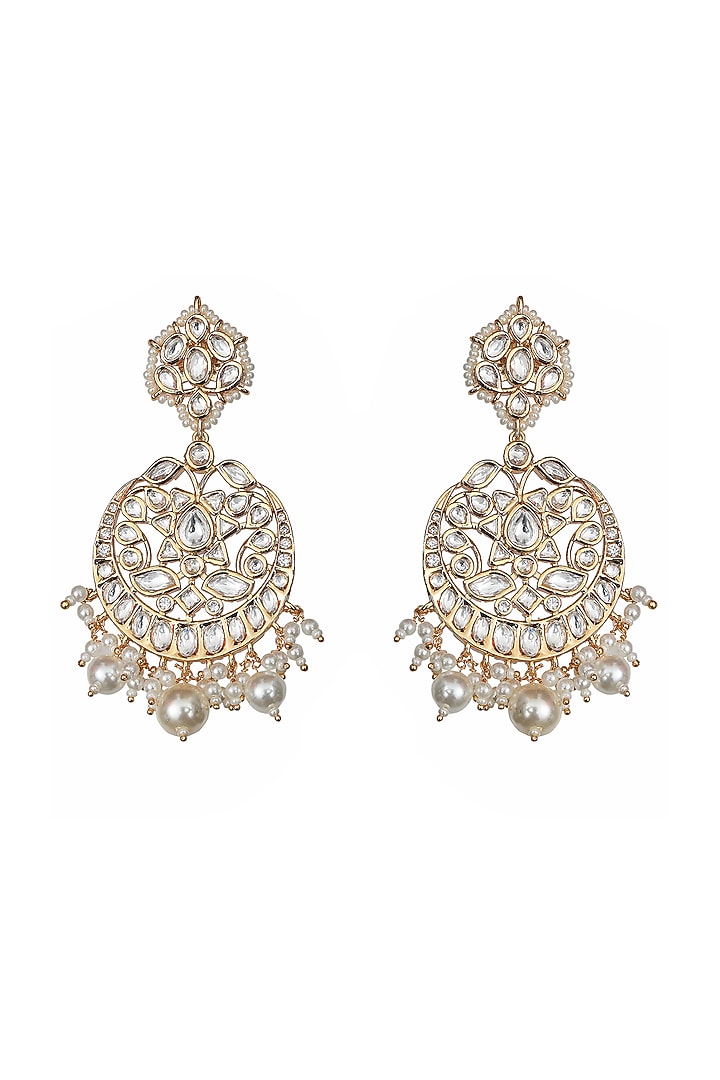 Gold Finish Kundan Polki & Pearl Meenakari Chandbaali Earrings by Akulya Jewels at Pernia's Pop Up Shop