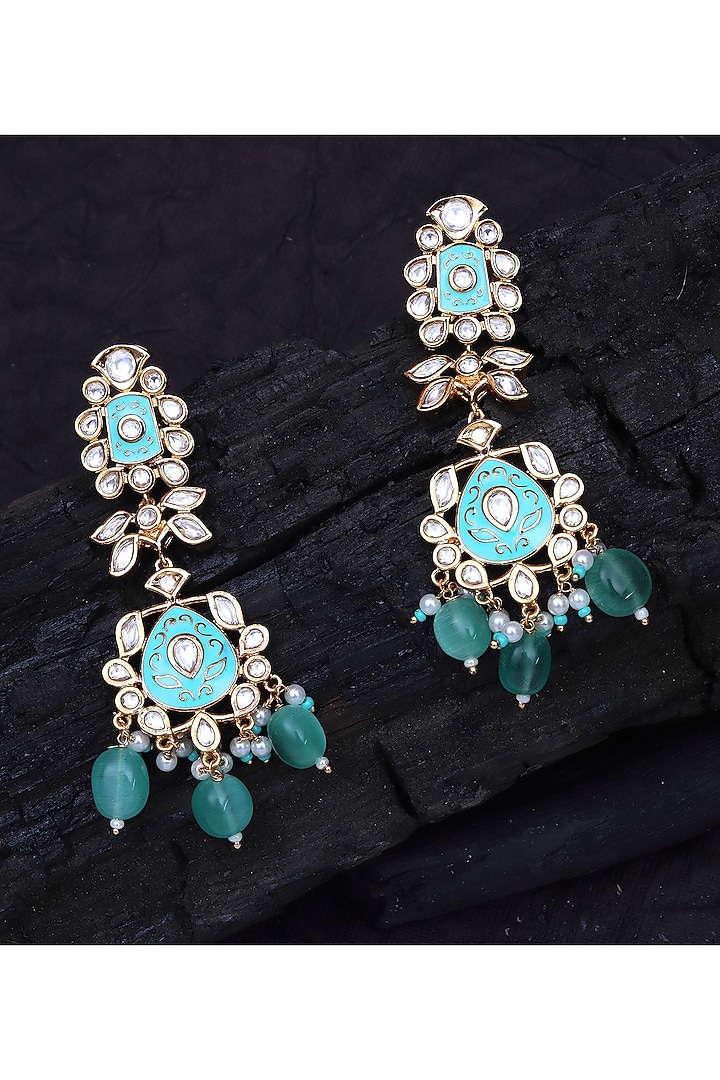 Gold Finish Kundan Polki & Beaded Meenakari Dangler Earrings by Akulya Jewels at Pernia's Pop Up Shop