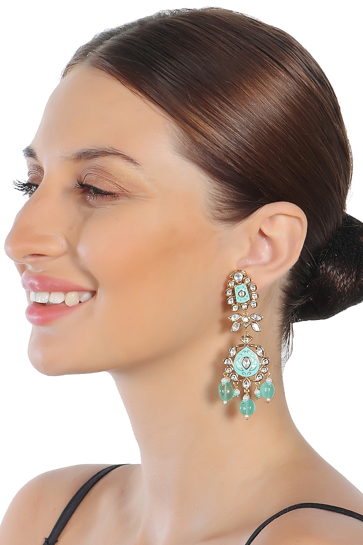 Gold Finish Kundan Polki & Beaded Meenakari Dangler Earrings by Akulya Jewels at Pernia's Pop Up Shop